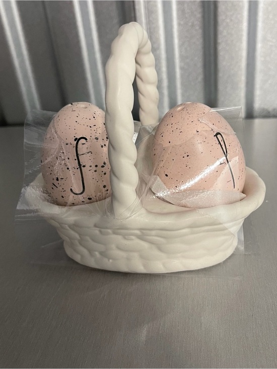 Rae Dunn Other - Rae Dunn White Ceramic Basket with Blush Pink Egg Salt & Pepper Shakers